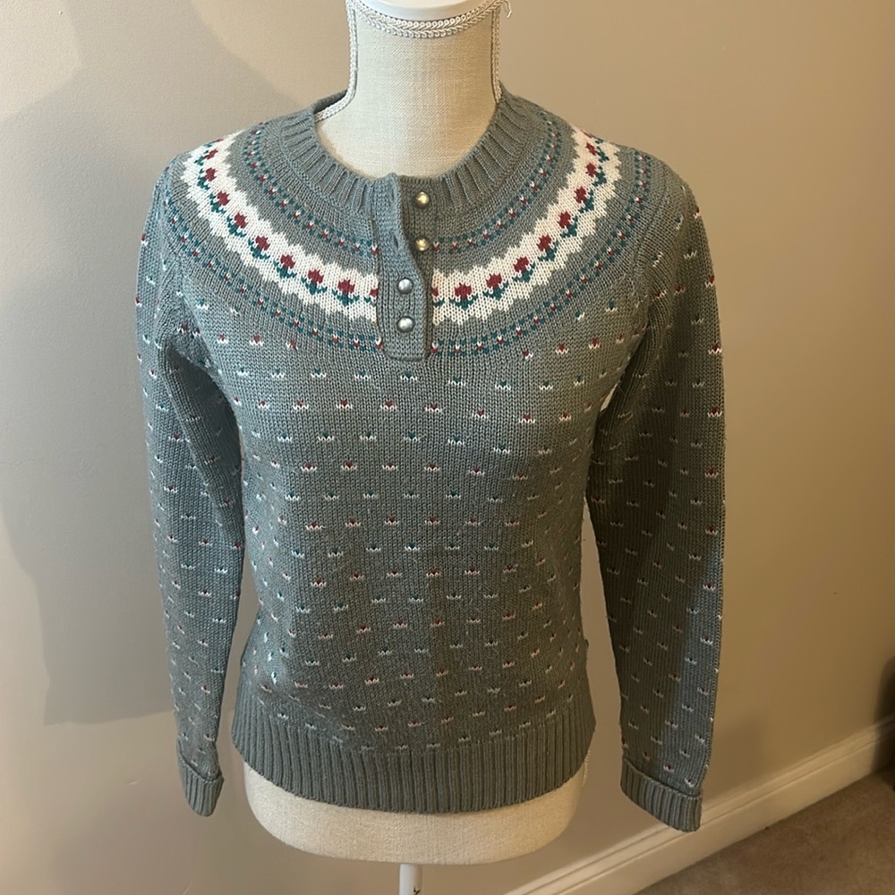 Brighton Teal and White Patterned cottagecore Crew Neck Sweater
